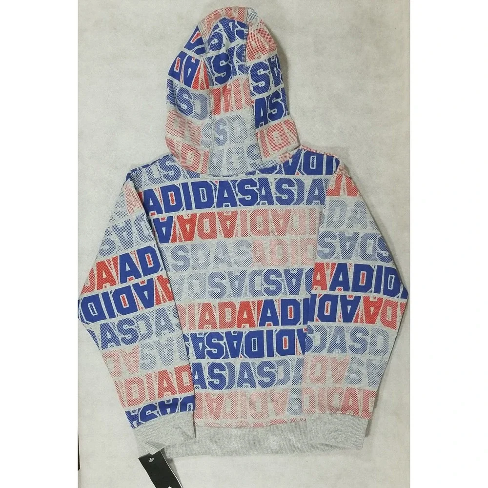 Adidas Boys Size Small Hoodie Sweatshirt Pullover Pocket Grey Red‎ Blue Logo NEW